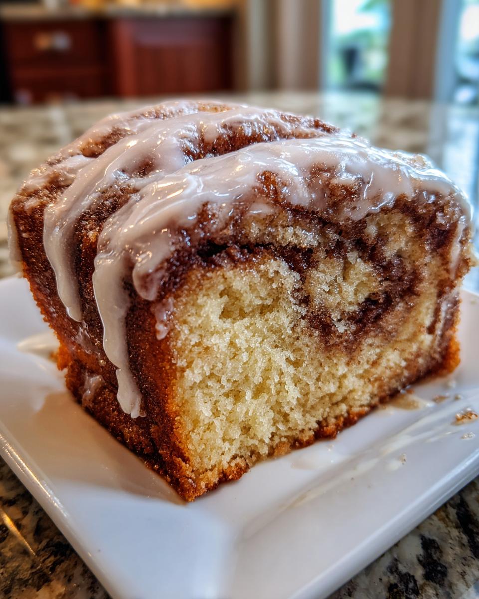 Close-up of a moist slice of Honey Bun Cake showing cinnamon swirl and white icing drizzle.