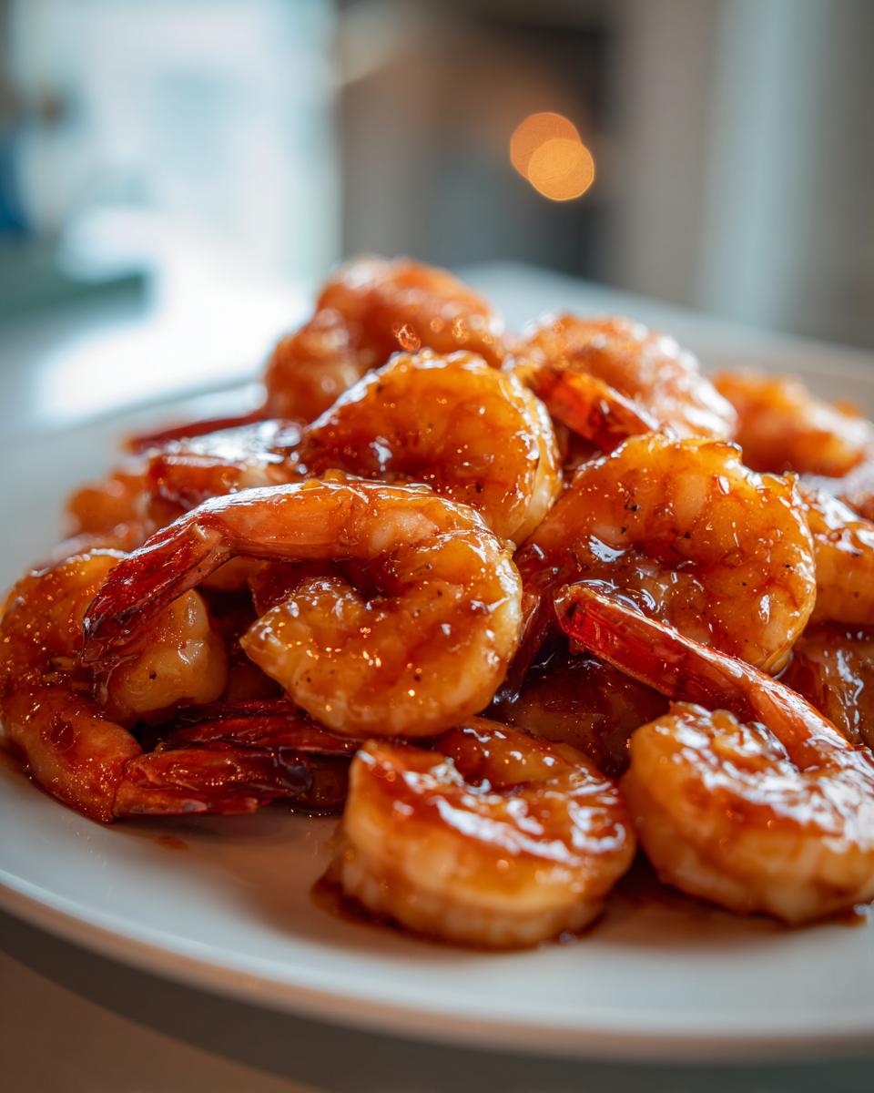 Close-up of glossy, saucy Honey Garlic Shrimp piled on a white plate, ready to eat.