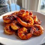 Close-up of a pile of glossy Honey Garlic Shrimp coated in a dark sauce and sprinkled with sesame seeds.