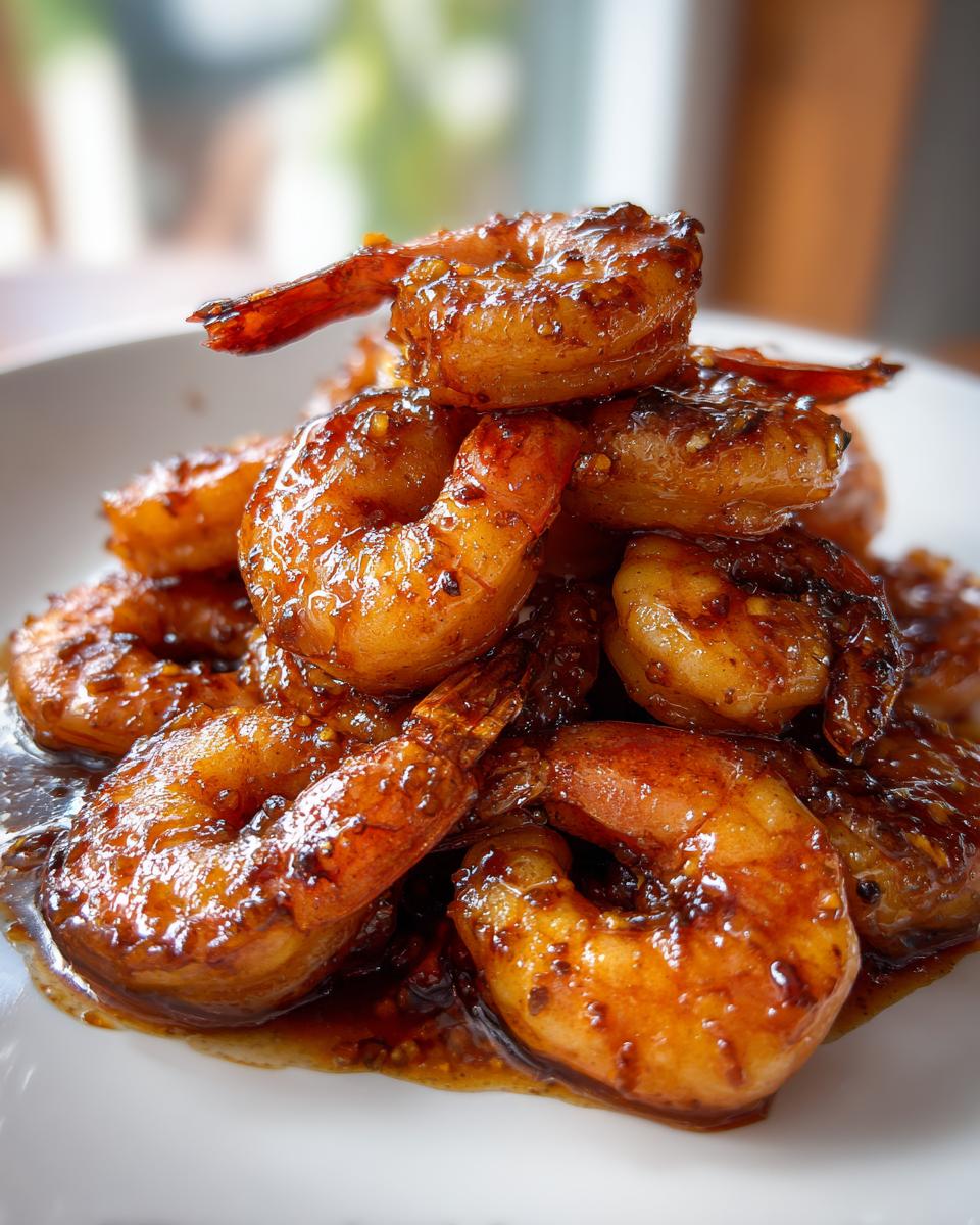 Close-up of a mound of perfectly cooked Honey Garlic Shrimp coated in a thick, glossy, dark amber glaze.
