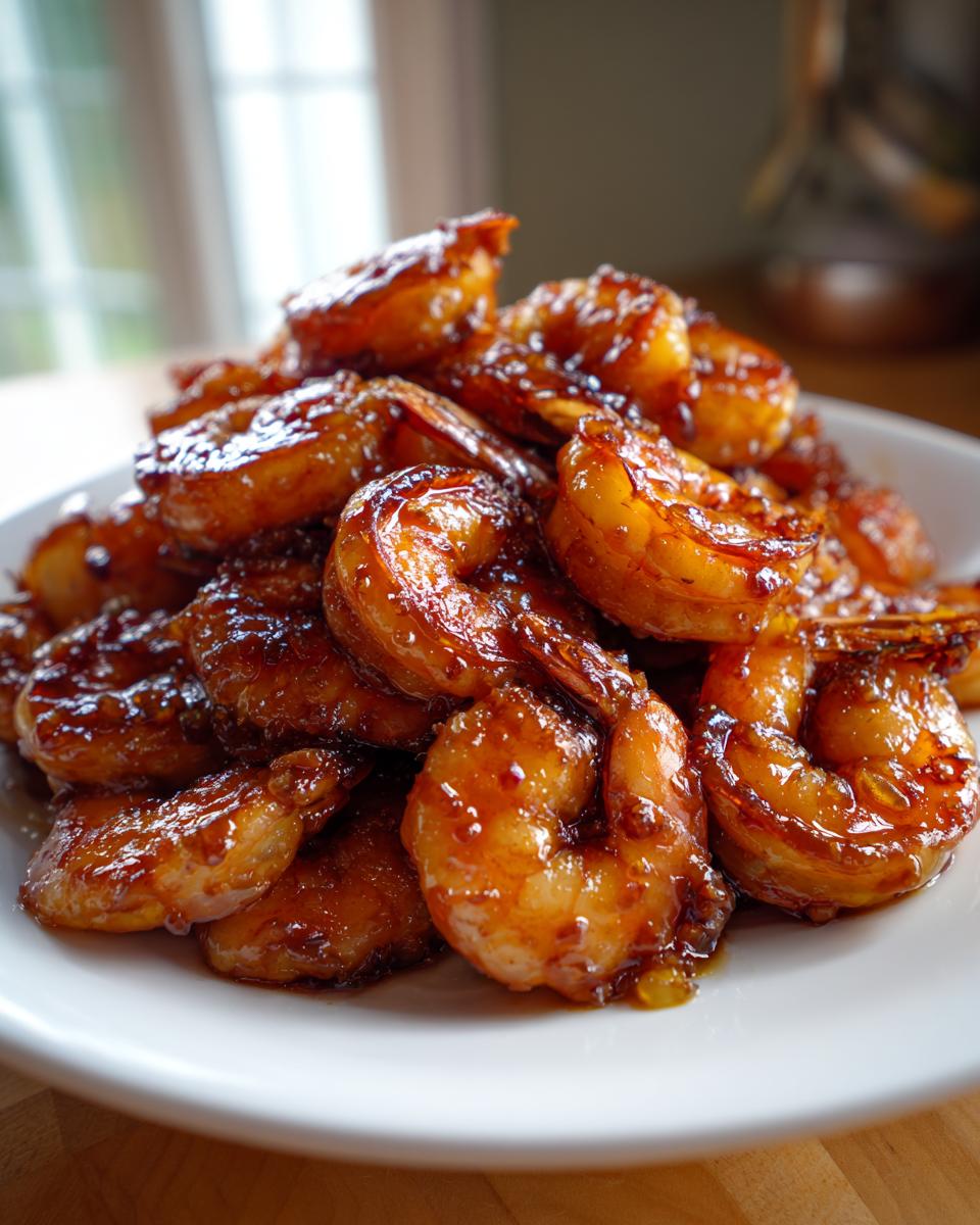 A close-up of a pile of juicy Honey Garlic Shrimp coated in a thick, glossy, caramelized sauce on a white plate.
