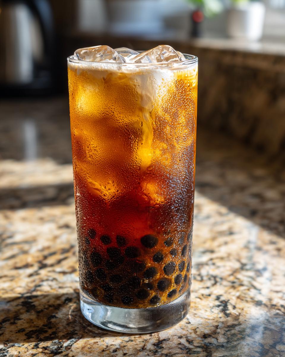 A tall, sweating glass filled with iced black tea, milk swirl, and dark tapioca pearls, perfect for Bubble Tea Recipes.