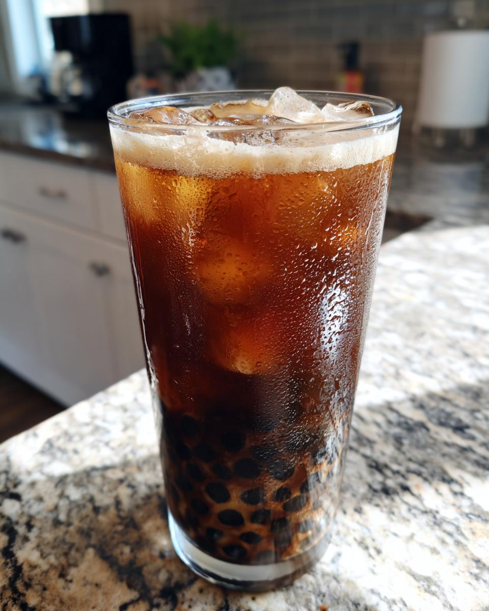 Close-up of a tall, sweating glass filled with iced black tea and dark tapioca pearls, a perfect example of Bubble Tea Recipes.