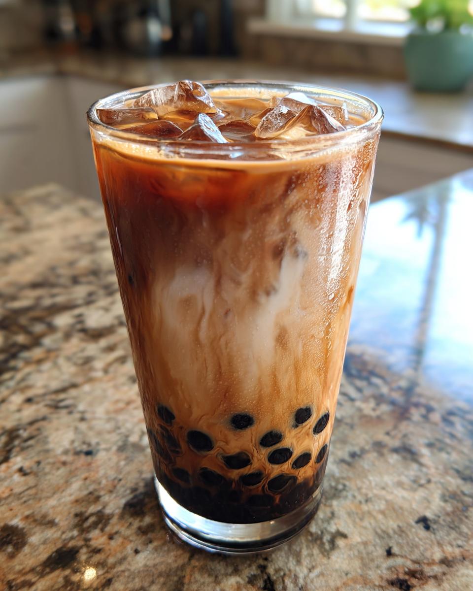 Close-up of an iced coffee-style Bubble Tea Recipes with milk swirling into dark tea and tapioca pearls at the bottom.