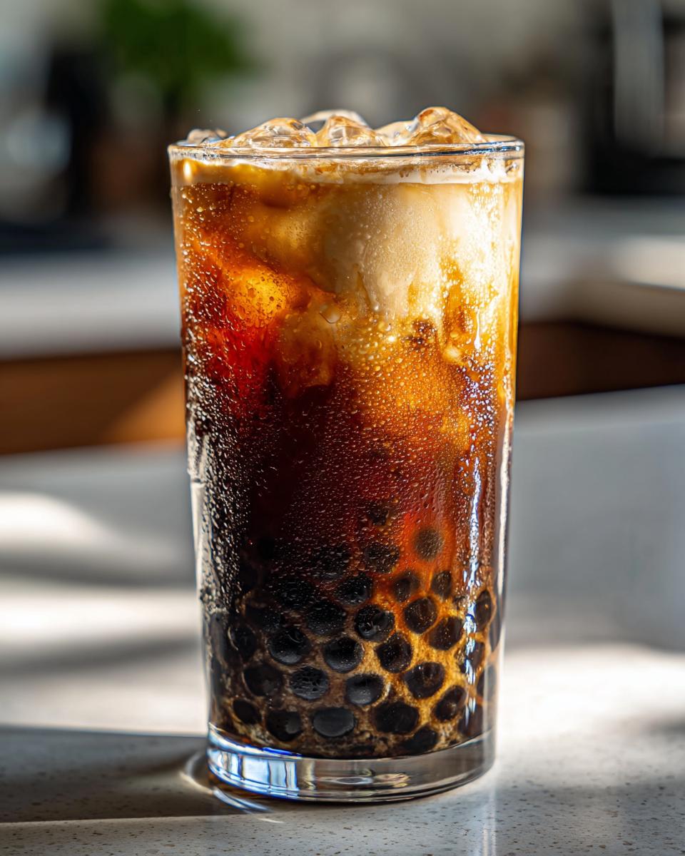 Close-up of a tall glass filled with iced coffee bubble tea, showing tapioca pearls and creamy swirls.