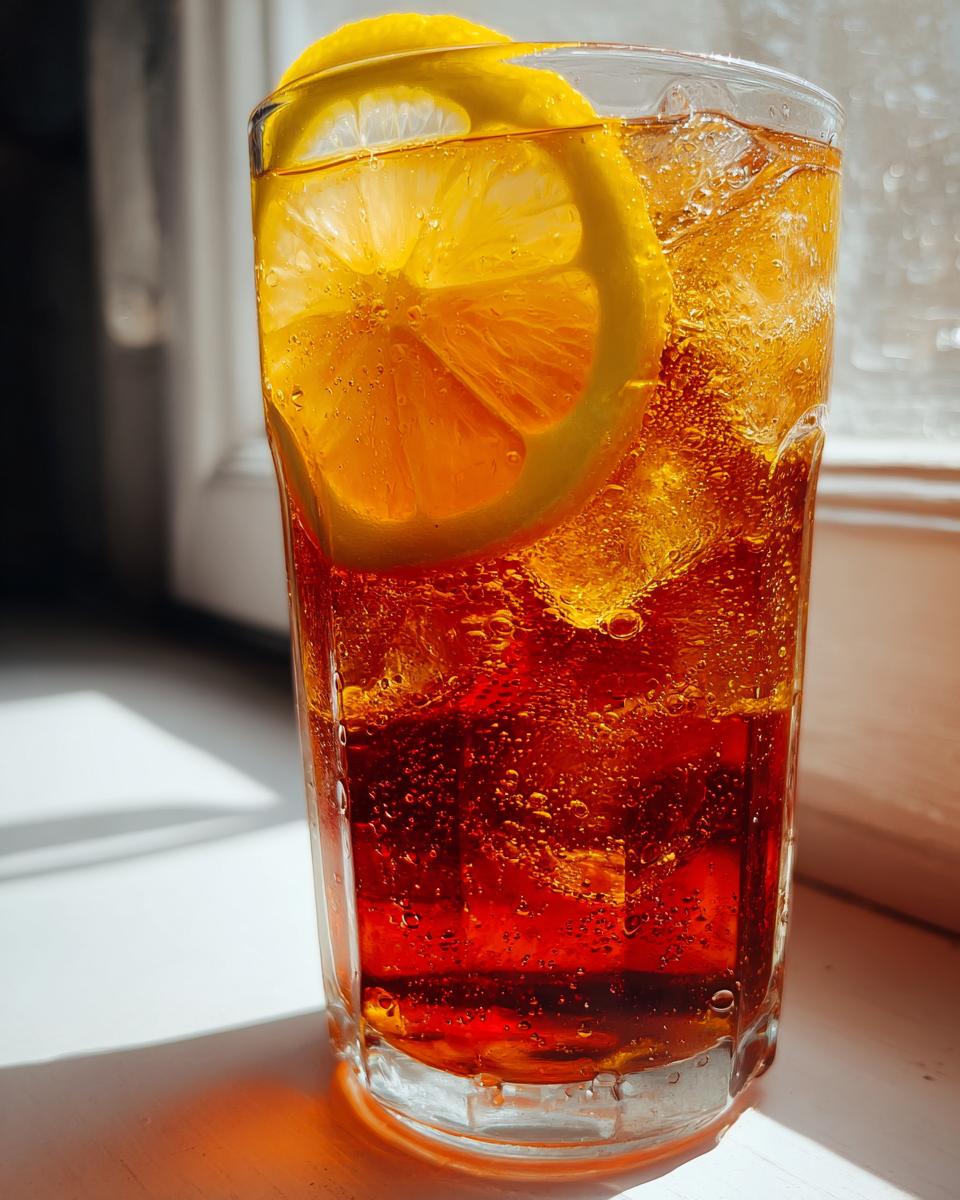 Close-up of a tall glass filled with an iced, dark amber beverage garnished with lemon slices, suitable for Stevia Recipes.