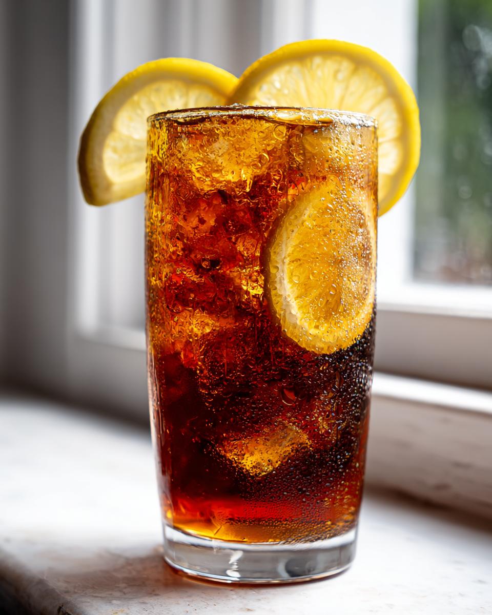 Tall glass of dark, iced, fizzy beverage garnished with lemon slices, suggesting a healthy Stevia Recipes option.