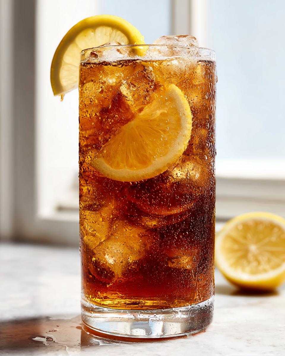 Tall glass of iced tea sweetened with stevia, filled with ice and garnished with fresh lemon slices.