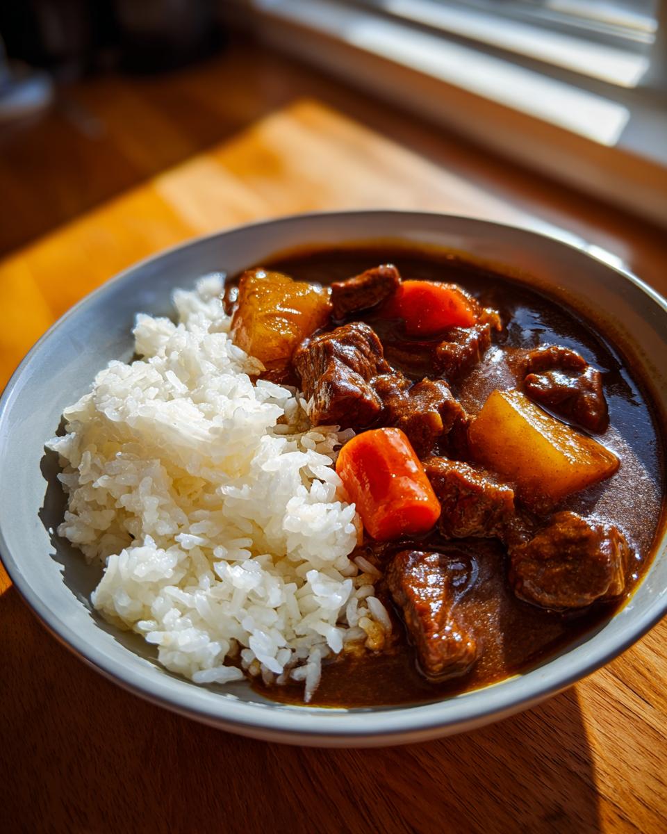 A close-up of a bowl of rich Japanese Curry Recipes served with fluffy white rice, featuring chunks of beef, carrots, and potatoes.