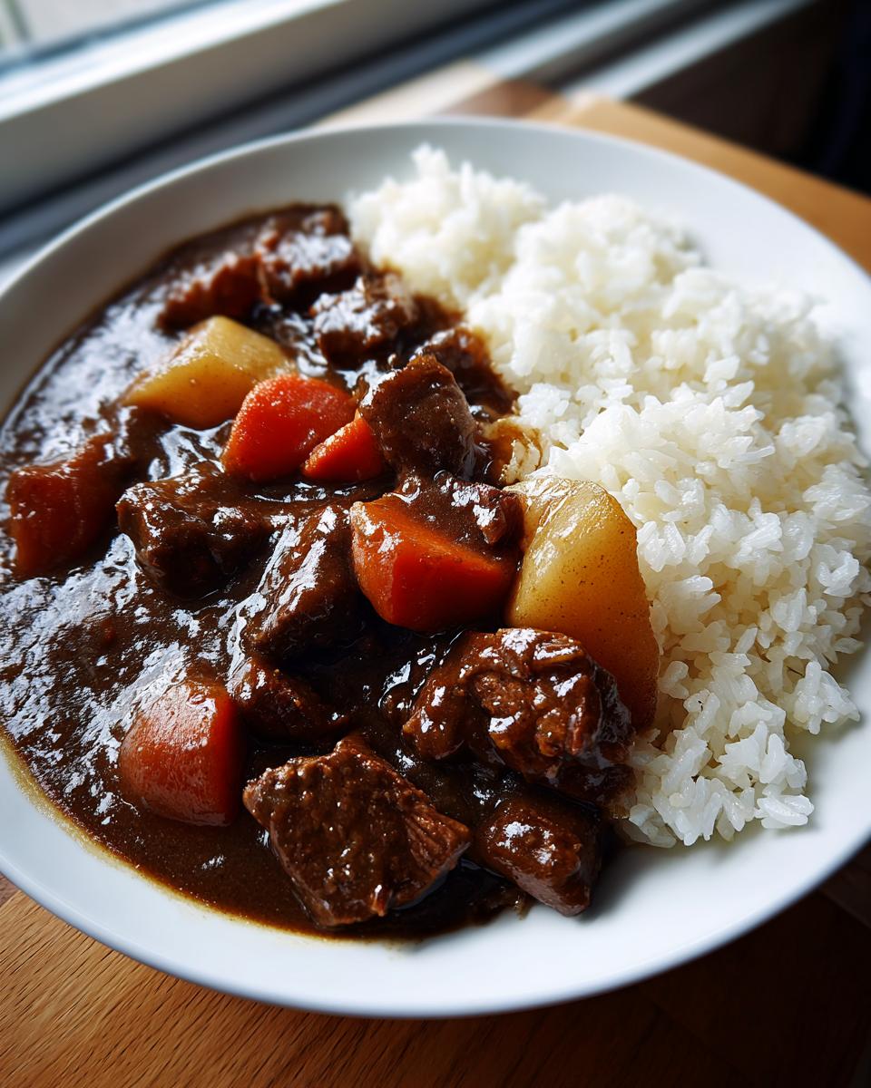 A bowl of rich Japanese Curry Recipes featuring chunks of beef, carrots, and potatoes served next to white rice.
