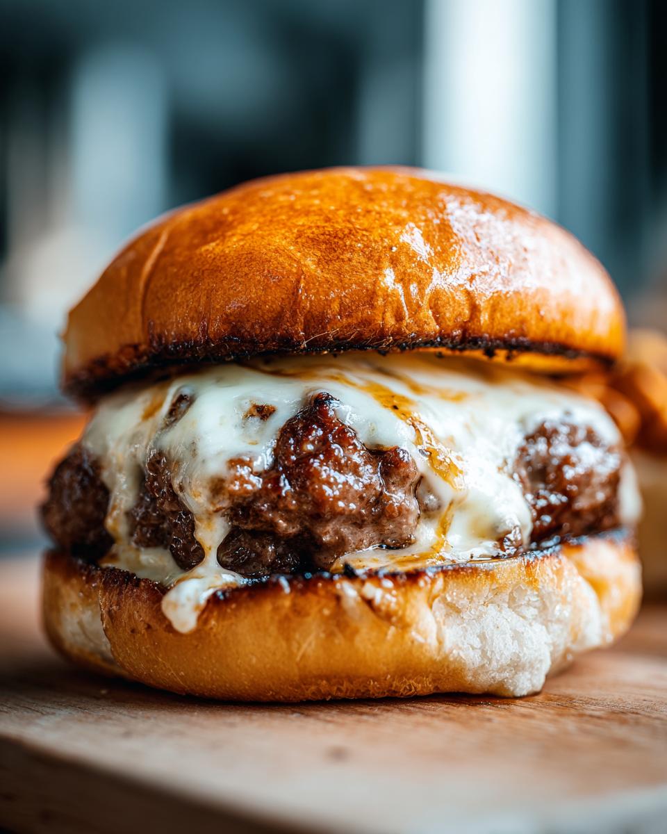 Close-up of a juicy Stuffed Burgers patty topped with melted white cheese on a toasted brioche bun.
