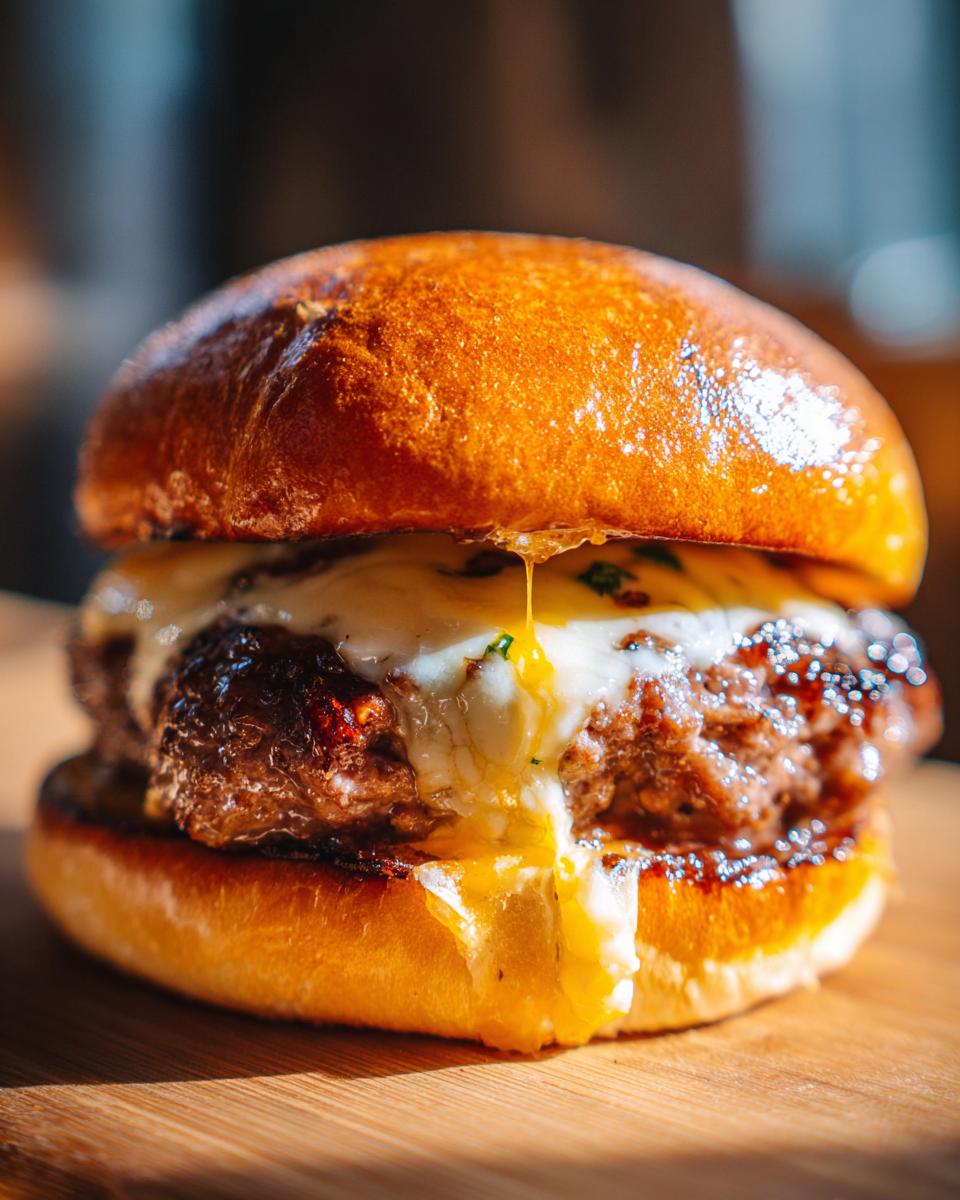 Close-up of a juicy Stuffed Burger featuring a brioche bun and copious amounts of melting cheese dripping down the patty.