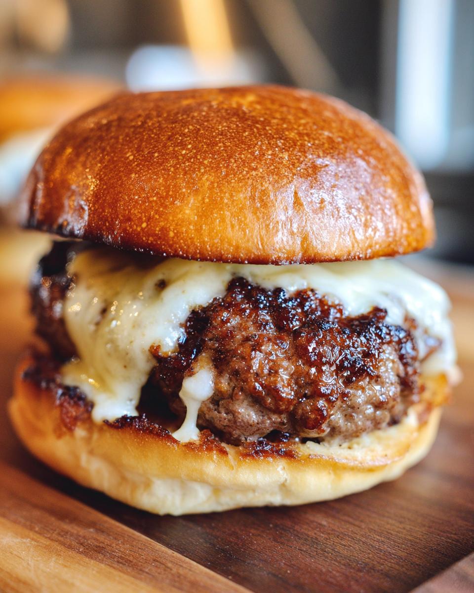 Close-up of a perfectly cooked, juicy Stuffed Burger topped with generously melted white cheese on a toasted brioche bun.