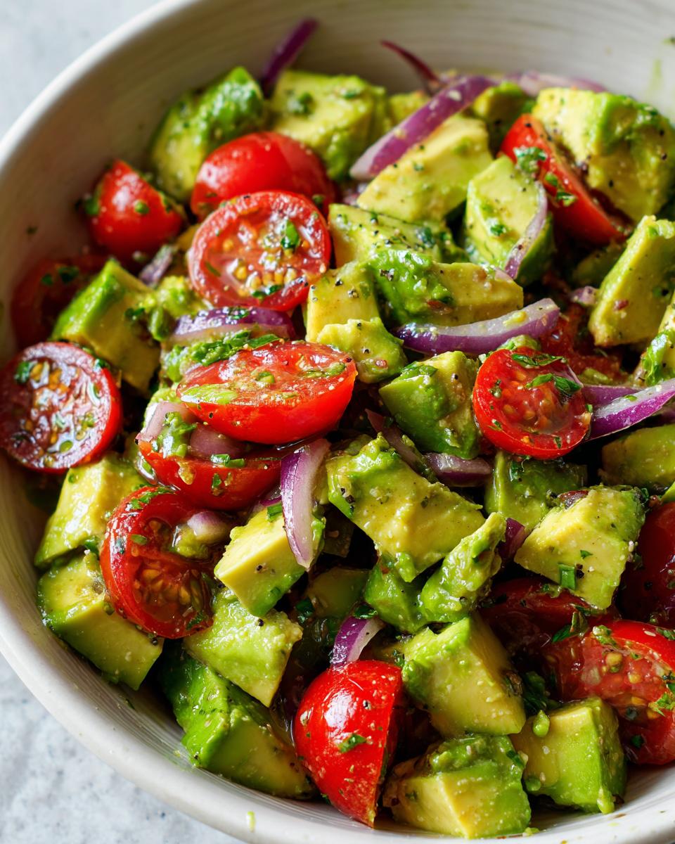 Close-up of a vibrant Keto Avocado Recipes salad featuring diced avocado, halved cherry tomatoes, and red onion slices.