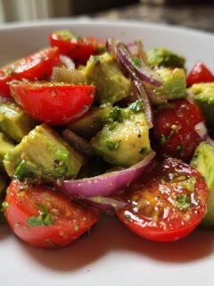 Close-up of a vibrant Keto Avocado Recipes salad featuring cubed avocado, halved cherry tomatoes, and red onion.