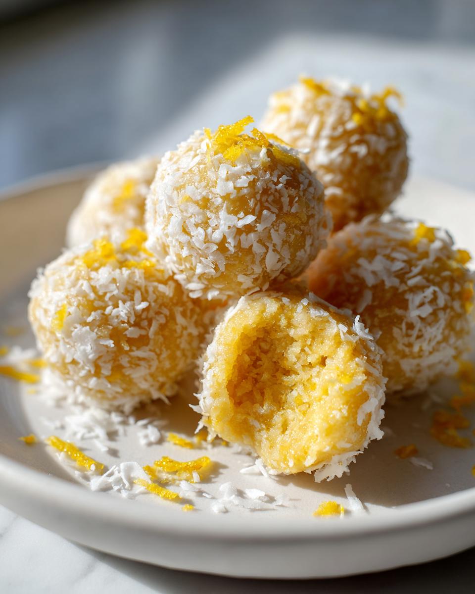 Close-up of yellow, coconut-covered lemon fat bombs, perfect for Keto Easter Desserts.