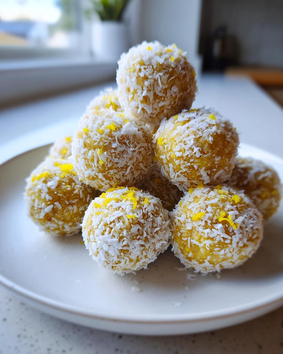 A stack of bright yellow coconut-coated lemon balls, perfect for Keto Easter Desserts.