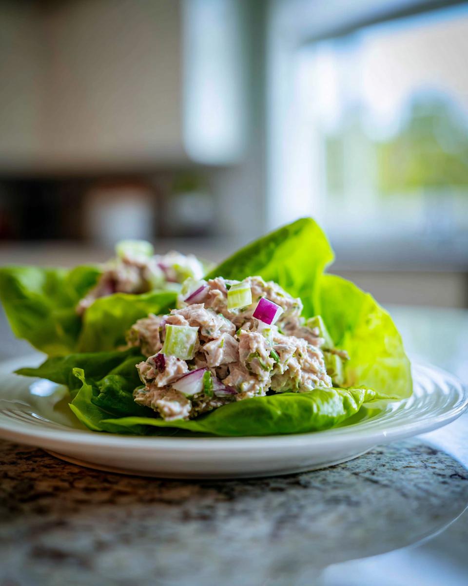 Close-up of Keto Tuna Recipes served as salad filling in bright green lettuce cups on a white plate.