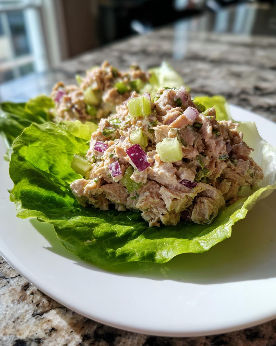 Two servings of creamy tuna salad mixed with celery and red onion, served in crisp lettuce cups as part of Keto Tuna Recipes.