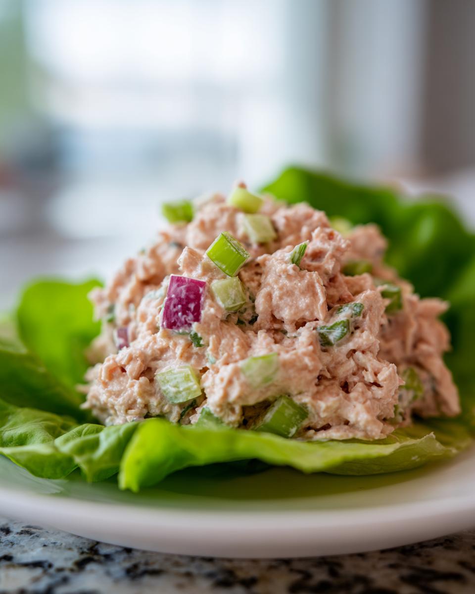 Close-up of Keto Tuna Recipes salad served in a crisp lettuce cup on a white plate.