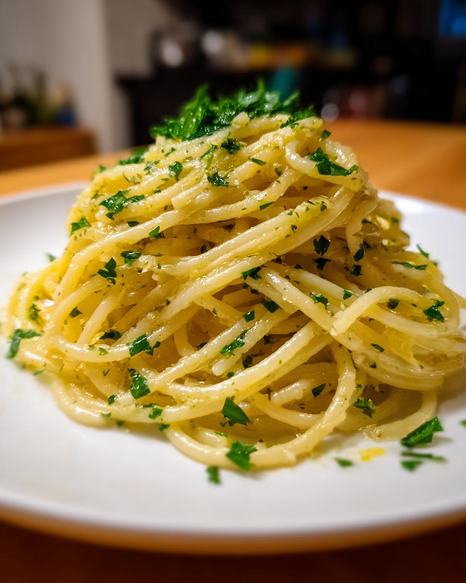 Close-up of a mound of glistening Lemon Butter Garlic Pasta tossed with fresh chopped parsley on a white plate.