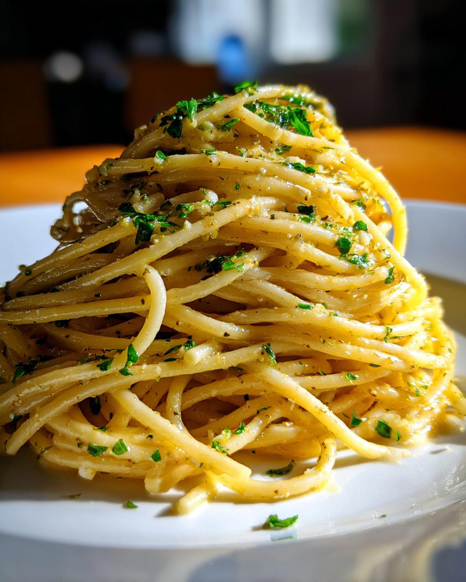 Close-up of a twirled mound of Lemon Butter Garlic Pasta coated in sauce and topped with fresh parsley.
