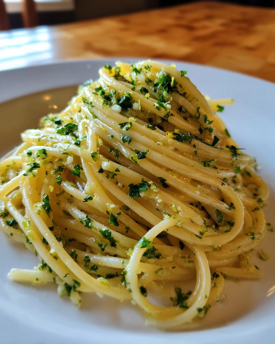 A close-up of a twirled serving of Lemon Butter Garlic Pasta topped with chopped parsley and zest.
