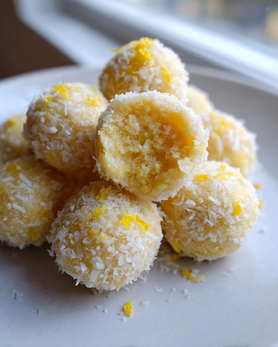 Close-up of lemon coconut balls, a perfect example of Keto Easter Desserts, rolled in coconut flakes.