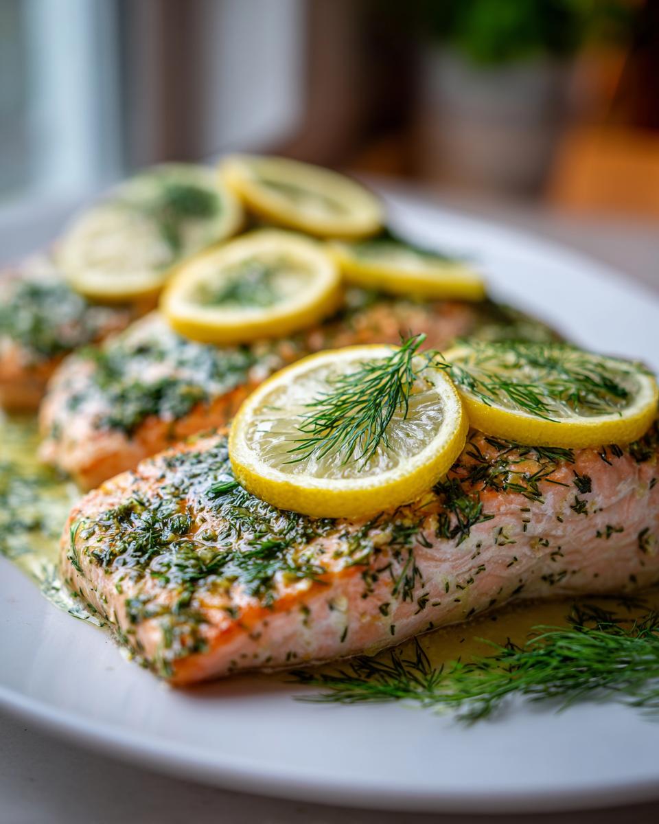 Close-up of baked salmon fillets topped with fresh dill, lemon slices, and butter sauce, perfect for Pescatarian Recipes.