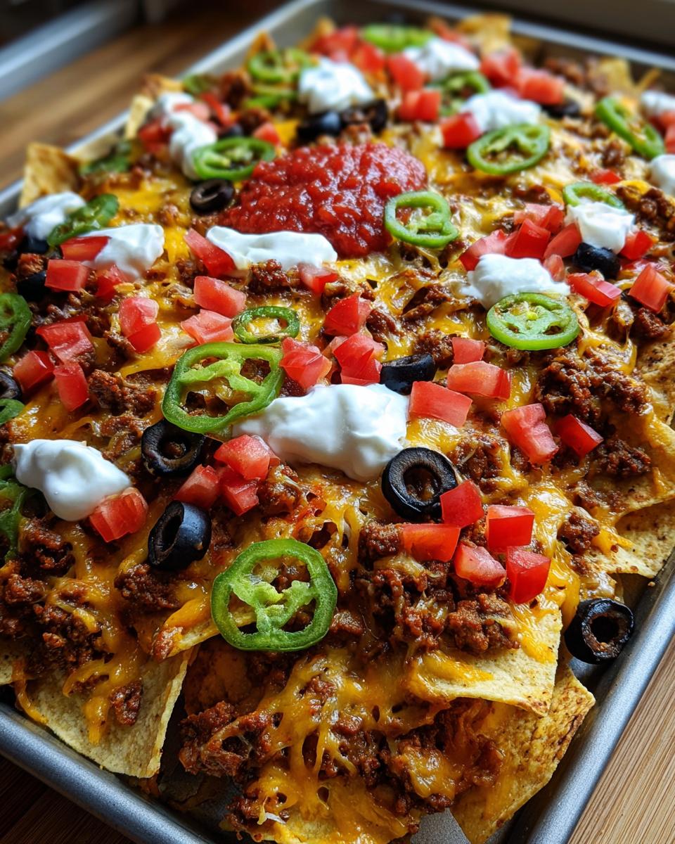 Close-up of fully loaded Sheet Pan Nachos covered in melted cheese, ground beef, salsa, sour cream, jalape&ntilde;os, and olives.