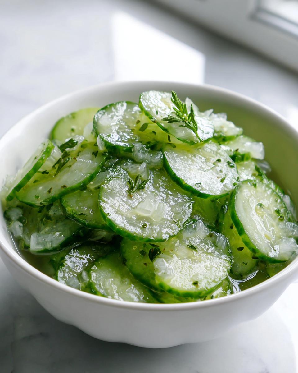 Close-up of a white bowl filled with thinly sliced marinated cucumbers, part of amazing Cucumber Recipes.