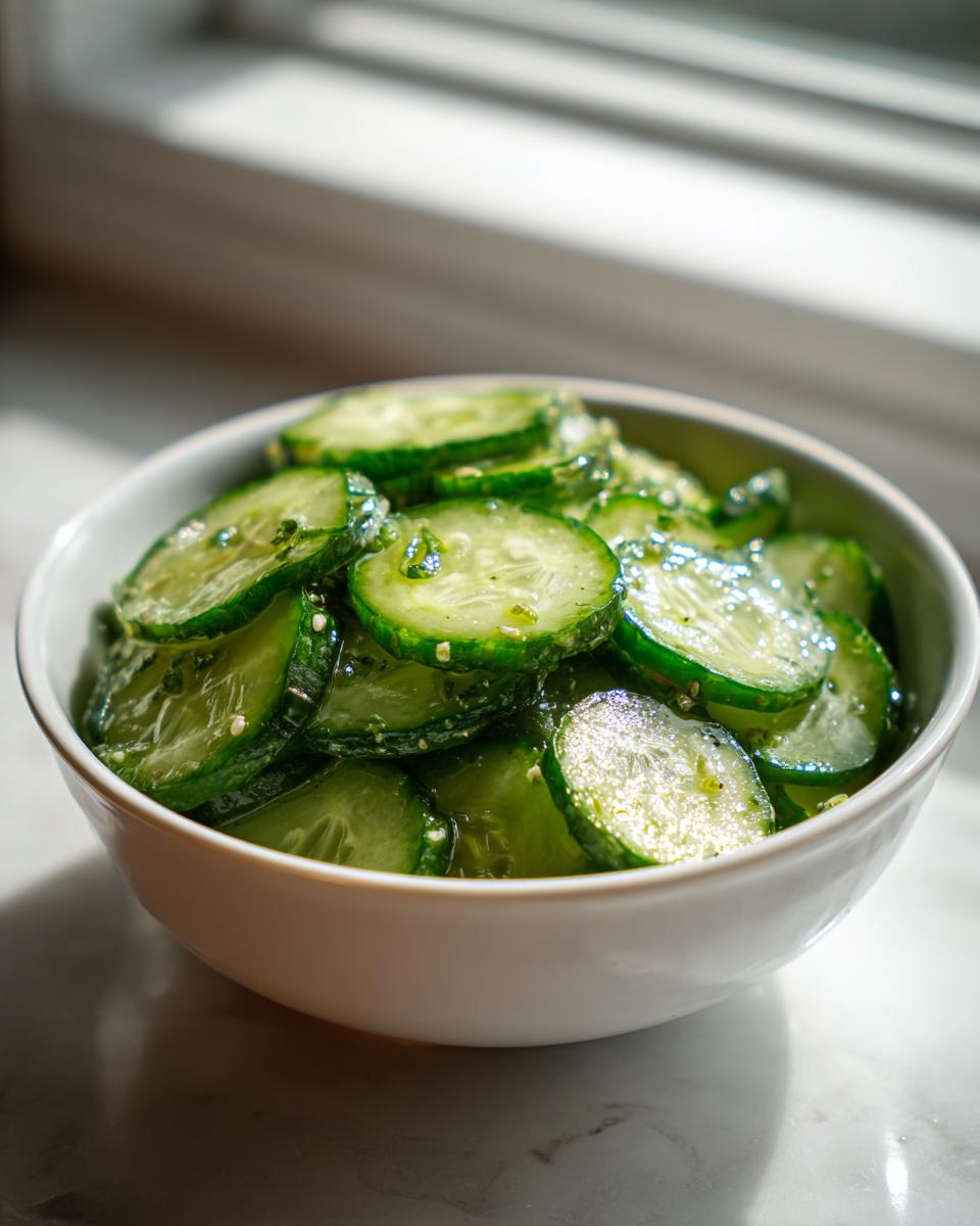 Close-up of thinly sliced cucumbers marinated in a light dressing, featured in a white bowl, highlighting fresh Cucumber Recipes.