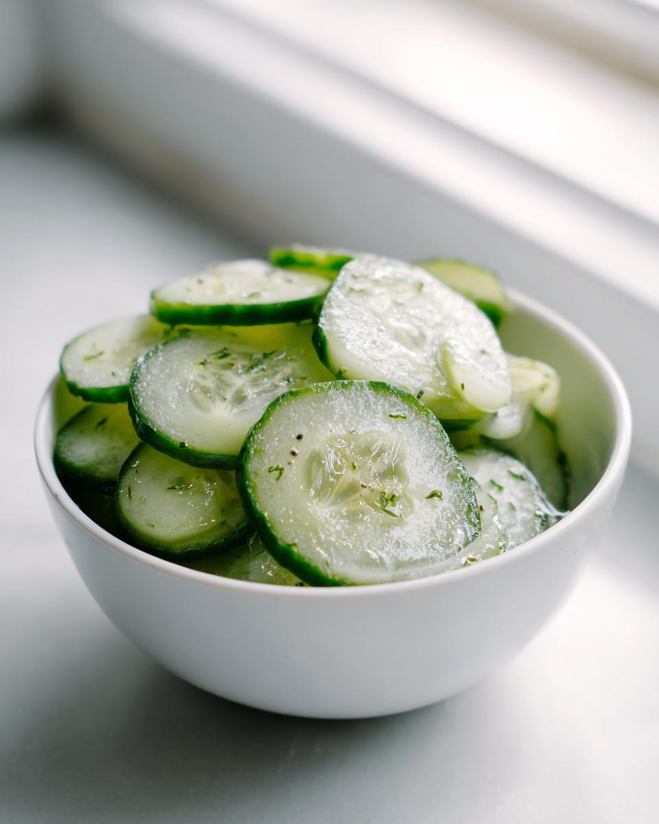 Close-up of thinly sliced cucumbers, seasoned with herbs, served in a small white bowl.