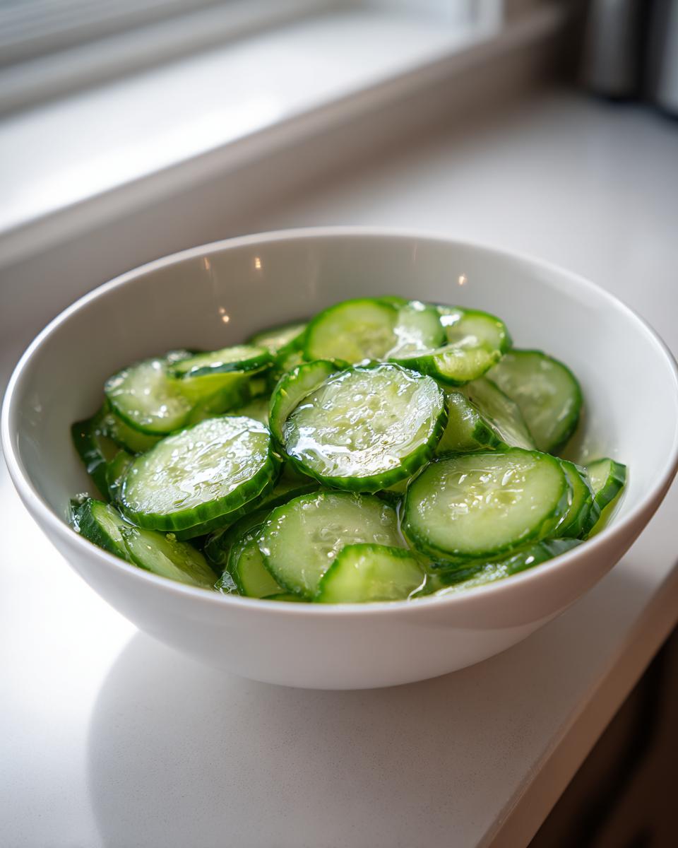 Close-up of thinly sliced cucumbers glistening with dressing in a white bowl, perfect for Cucumber Recipes.