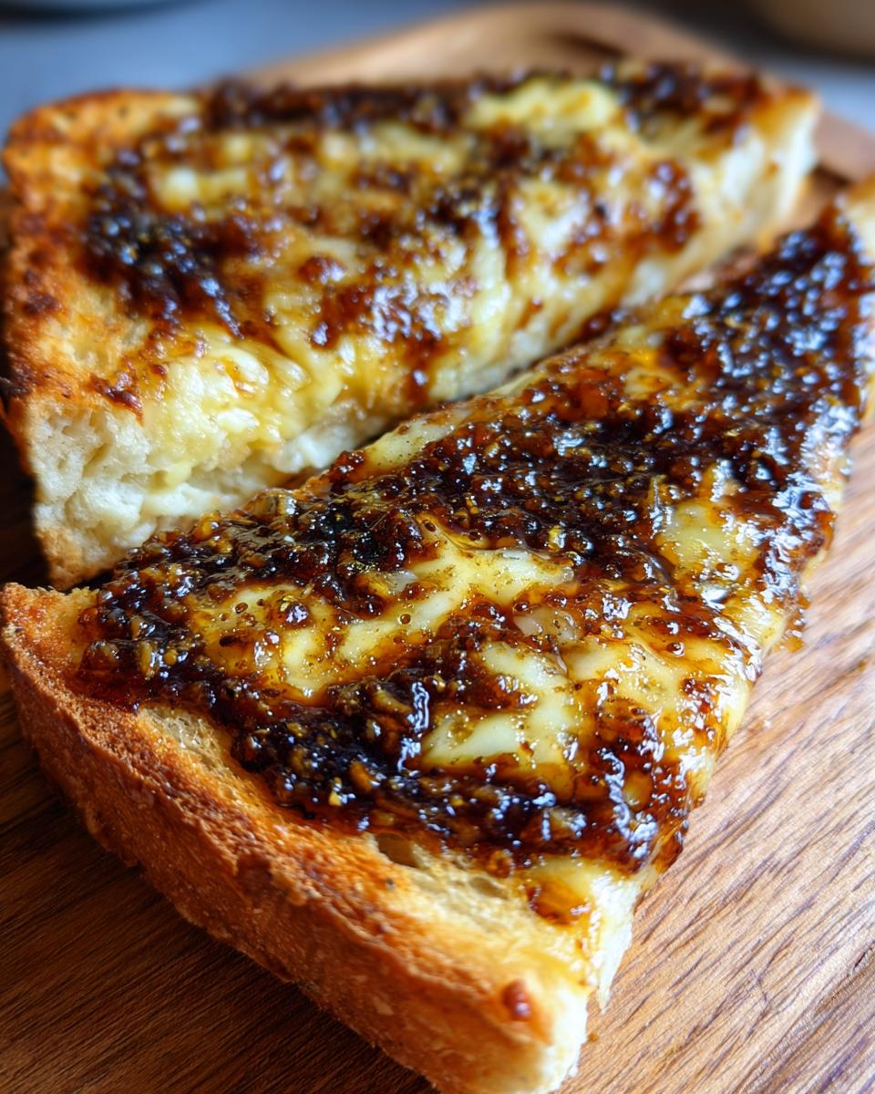 Close-up of cheesy toast topped generously with melted Marmite spread, a popular Marmite recipe.