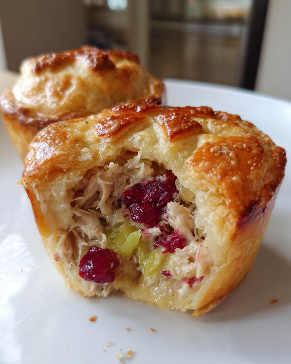 Close-up of a Mini Turkey Cranberry Pies cut in half showing shredded turkey, cranberries, and celery filling.