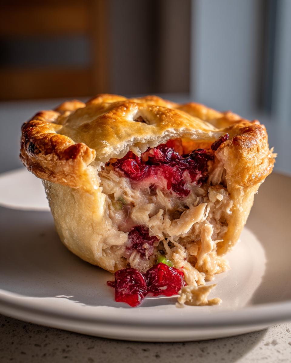 Close-up of a Mini Turkey Cranberry Pies with a bite taken out, showing shredded turkey and bright red cranberry filling.