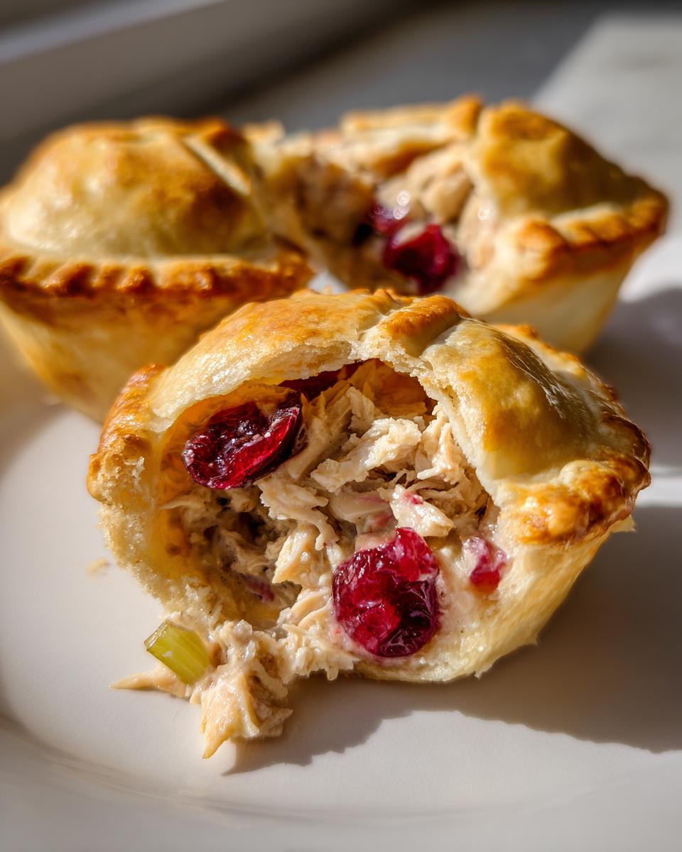 A close-up view of a halved Mini Turkey Cranberry Pie showing shredded turkey, creamy sauce, and bright red cranberries.
