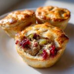 A close-up of one of the Mini Turkey Cranberry Pies, showing the savory filling of shredded turkey, bright red cranberries, and celery.