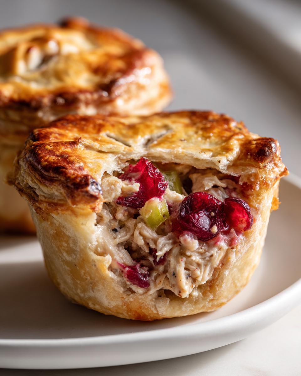 Close-up of a flaky pastry Mini Turkey Cranberry Pies, showing the creamy filling with shredded turkey and bright red cranberries.