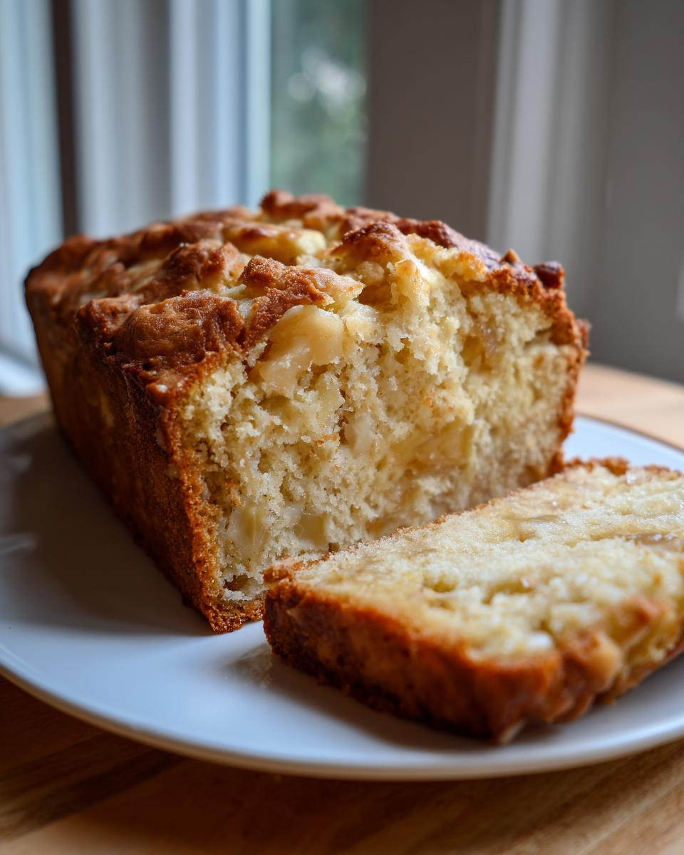 A golden brown Apple Bread loaf with a slice cut and resting on a white plate.