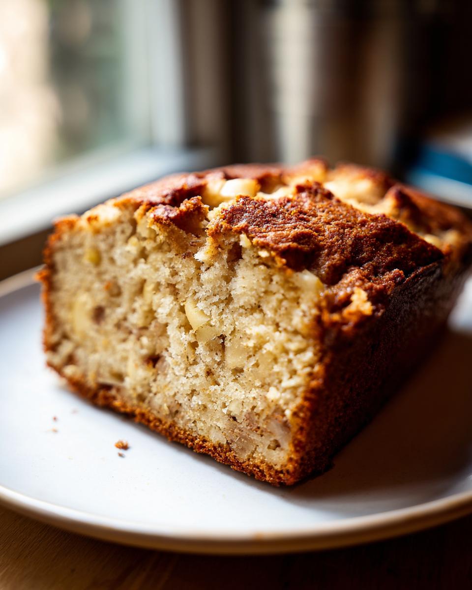 A close-up view of a moist slice of homemade Apple Bread showing visible chunks of apple and a golden-brown crust.