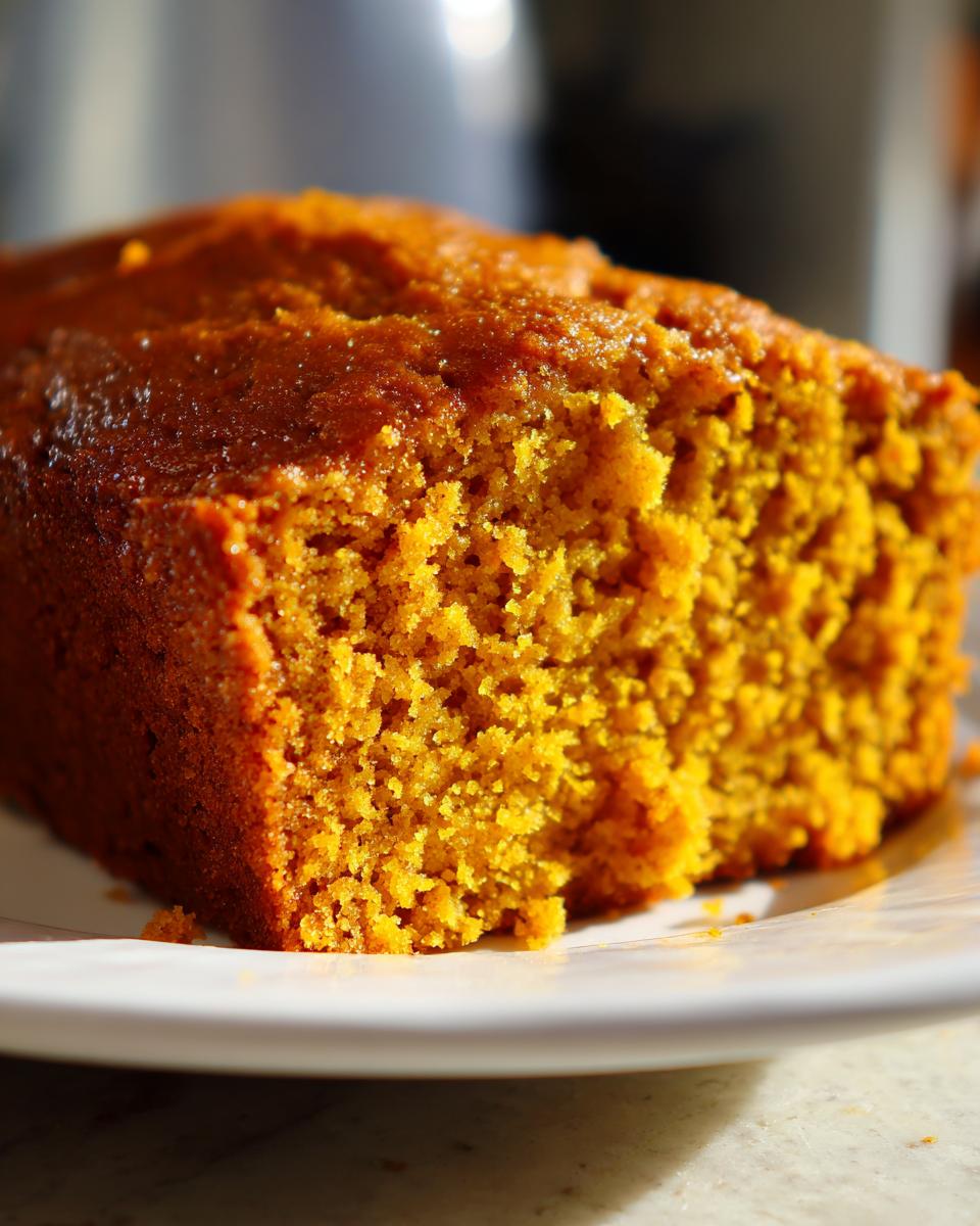 Close-up of a slice of incredibly moist Pumpkin Cake showing its vibrant orange crumb texture.