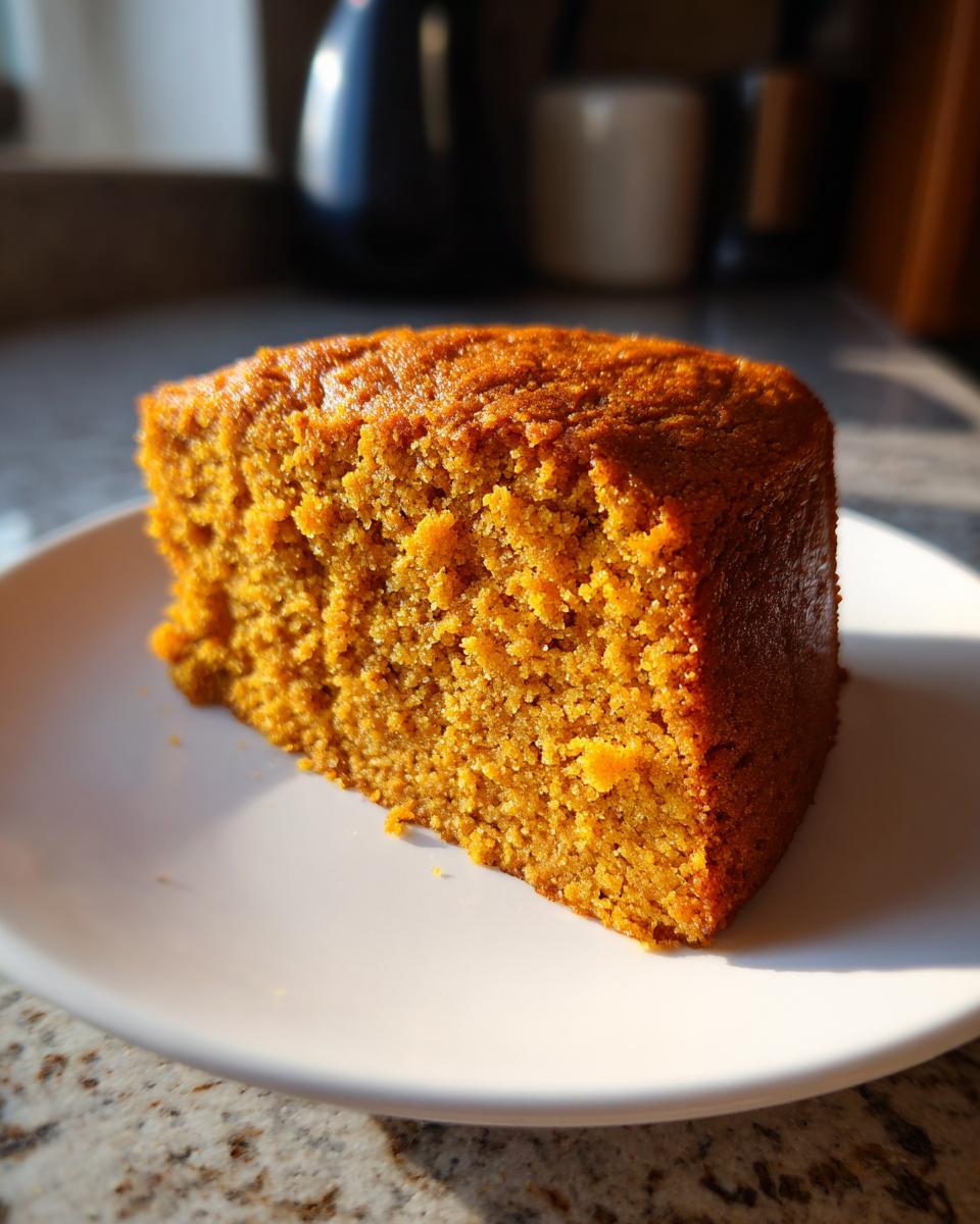 Close-up of a moist, orange slice of Pumpkin Cake sitting on a white plate.