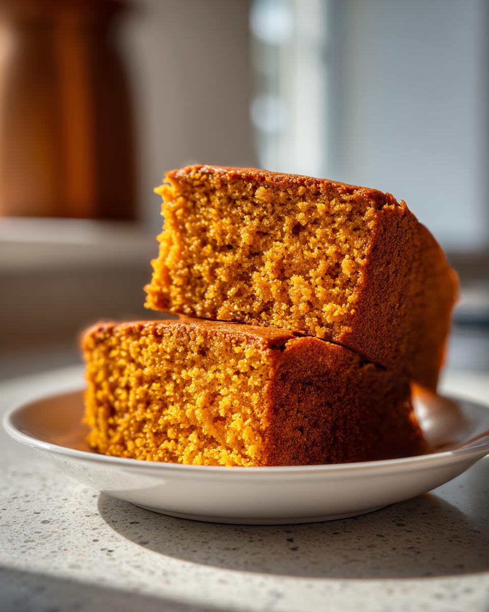 Two moist, orange-colored slices of Pumpkin Cake stacked on a white plate, showing a tender crumb texture.