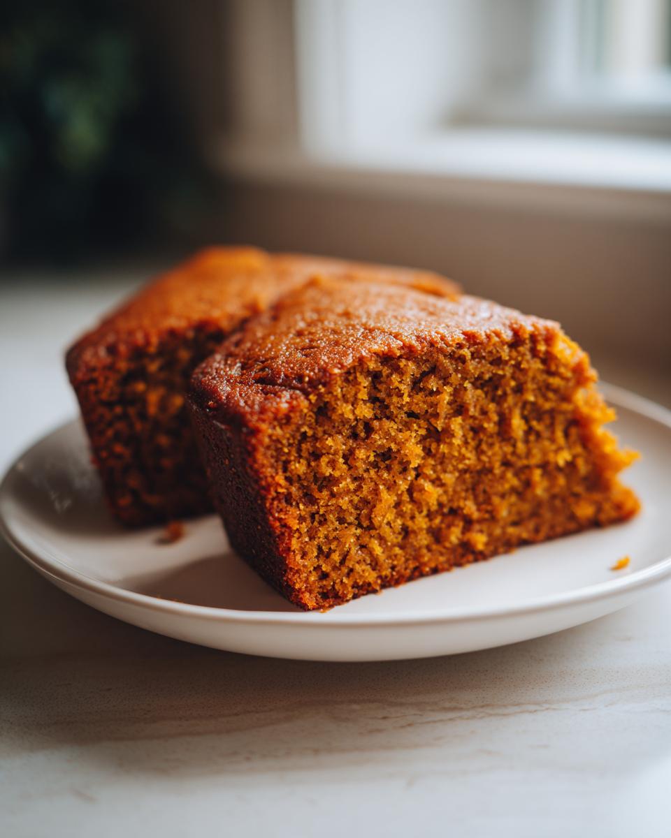 Two moist, rich orange slices of Pumpkin Cake resting on a white plate near a bright window.
