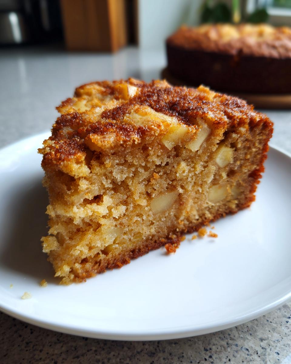 Close-up of a moist slice of Apple Cake Recipes, featuring visible apple chunks and a cinnamon sugar crust.