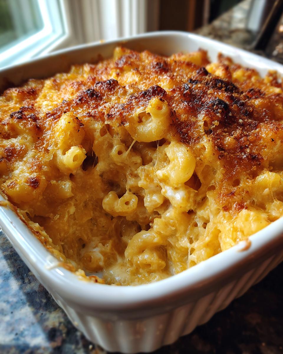 Close-up of baked Old Fashioned Macaroni And Cheese with a golden, crispy top and cheesy pull.