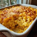 Close-up of creamy Old Fashioned Macaroni And Cheese with a golden, bubbly baked cheese crust.