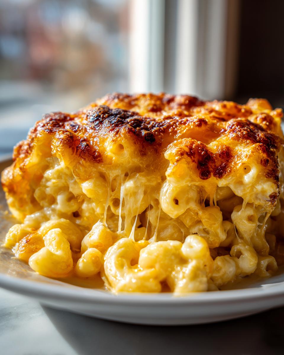 Close-up of a serving of Old Fashioned Macaroni And Cheese with a golden-brown, bubbly top and dramatic cheese pulls.